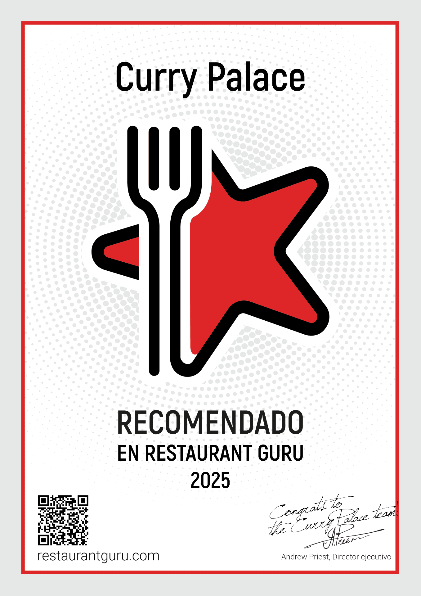 Restaurant Guru Recommended 2025 Certificate - Curry Palace Jávea
