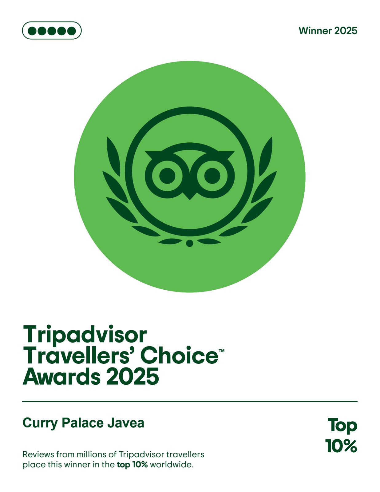 TripAdvisor Travellers' Choice Awards 2025 - Curry Palace Javea - Top 10%